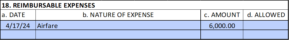 Example of box 18 showing airfare expenses.